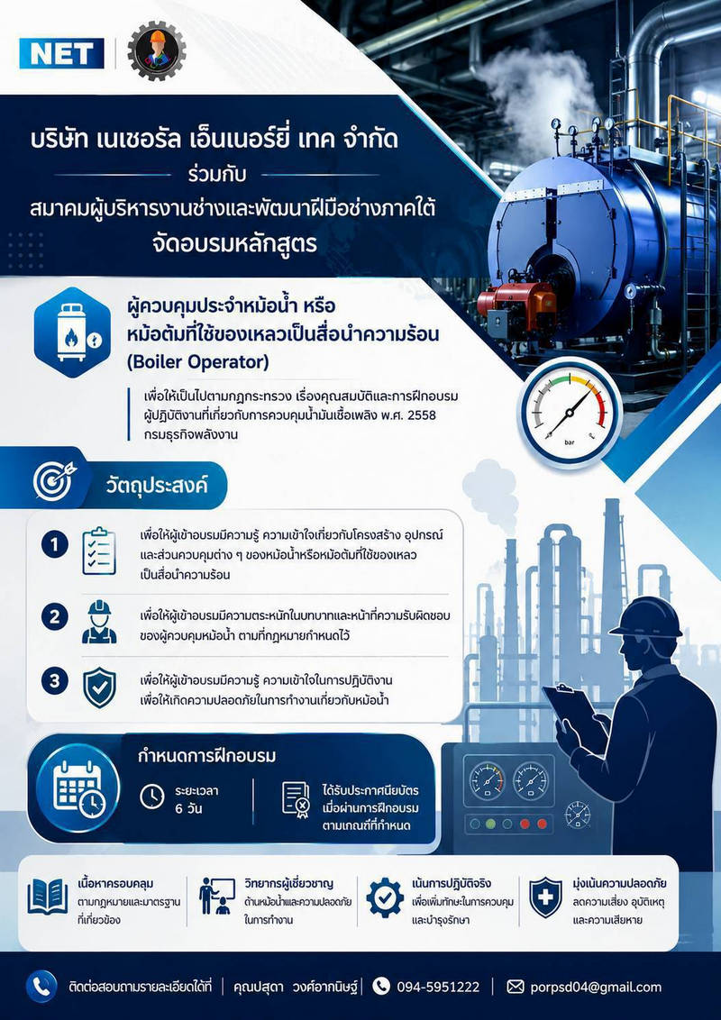 เปิดรับสมัครอบรม หลักสูตรผู้ควบคุมประจำหม้อน้ำ หรือ หม้อต้มที่ใช้ของเหลวเป็นสื่อนำความร้อน (Boiler Operator)